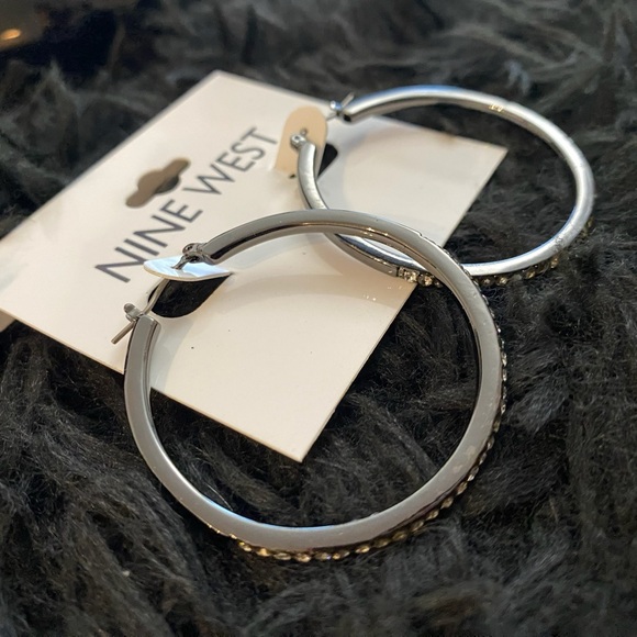 Nine West Gun Black With Rhinestone Hoop Earrings NWT - Picture 4 of 11